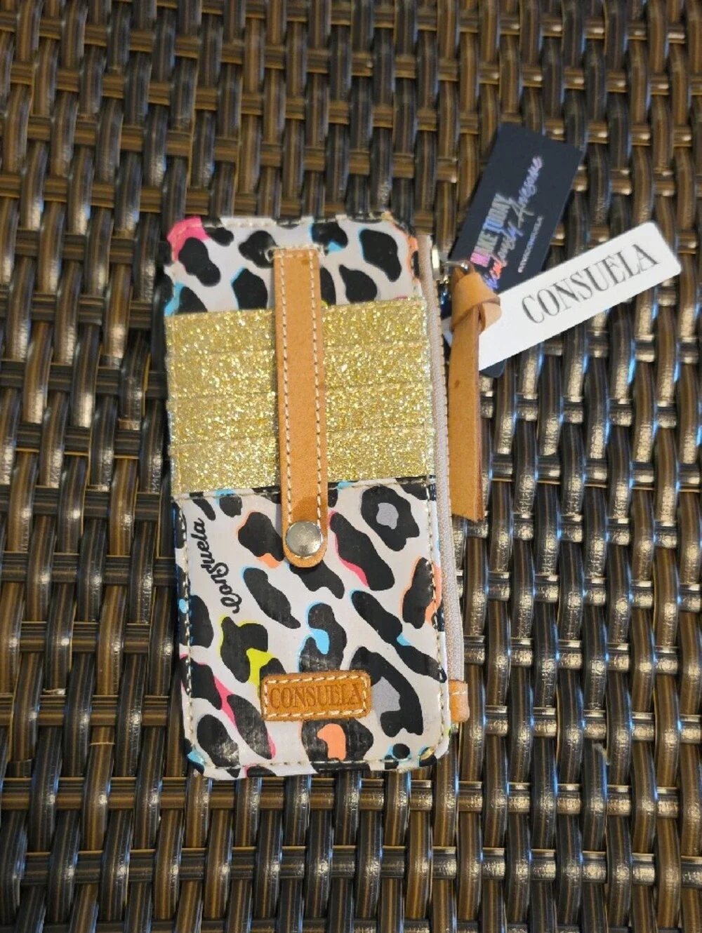 Consuela Gold Glitter Multicolor Leopard Card Case with Pink ID Window